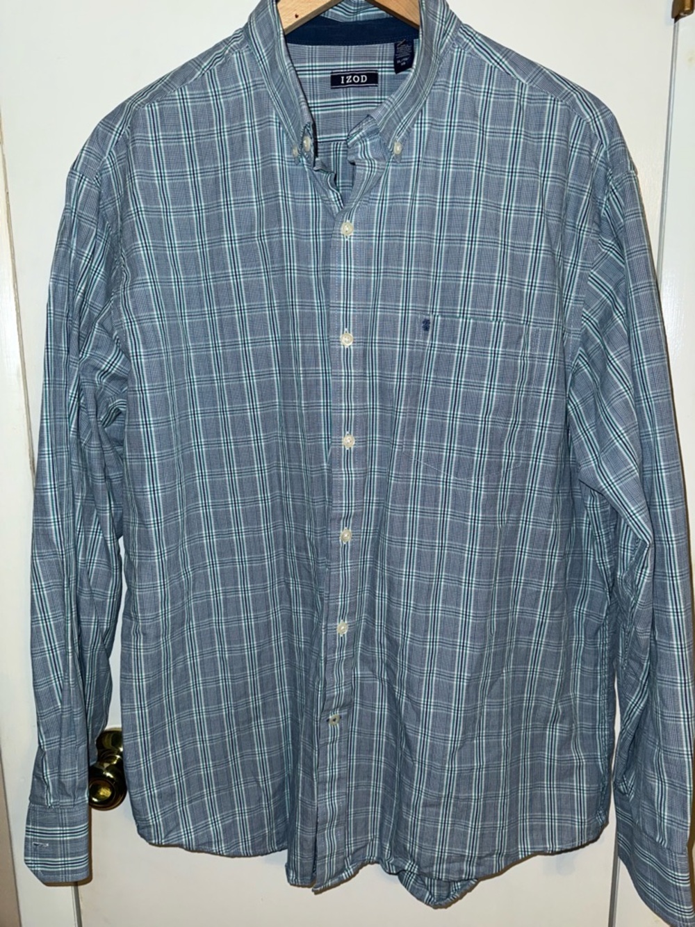 Izod Men's Blue and White Plaid Button-Down Shirt, XL